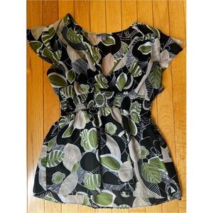 Apt. 9 Women Green Black Tropical Leaf Smocked Empire Waist V-Neck Blouse Large